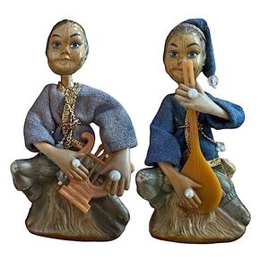 TISLO Vintage Pixie Elf Musician Figurine 4.5” (set of 2) Retro Home Decor